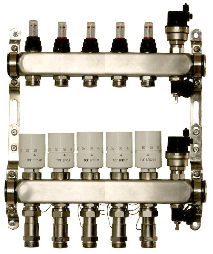 Коллекторная группа с термоголовками ТСГ ВПС на 5 выходов с расходомерами ВТП ТТ 0105