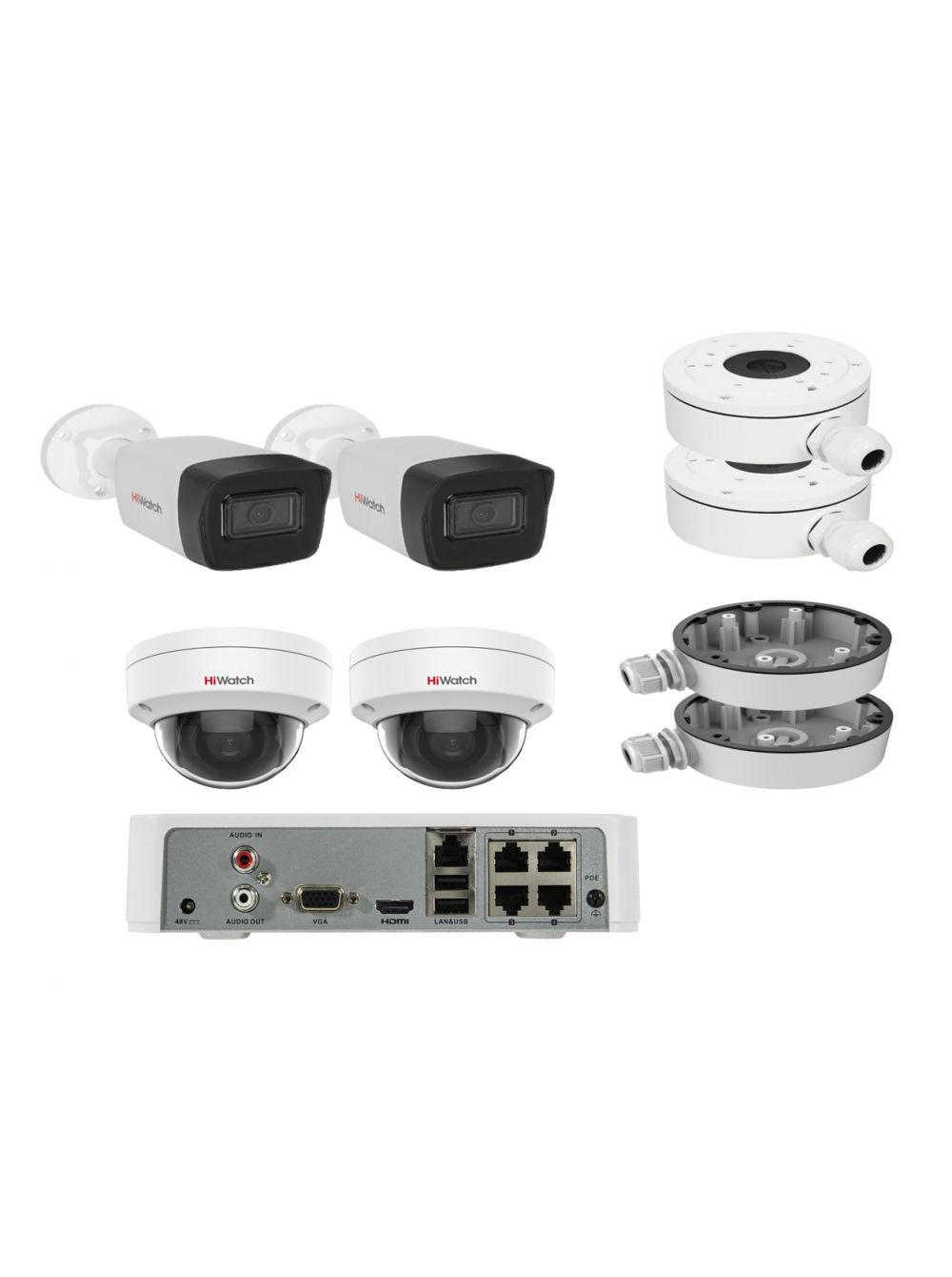 Комплект из 2-х купольных и 2-х цилиндрических IP камер HiWatch (2Mpx/2.8mm) с PoE готовый комплект видеонаблюдения matrixtech 2mpx улица 4 камеры