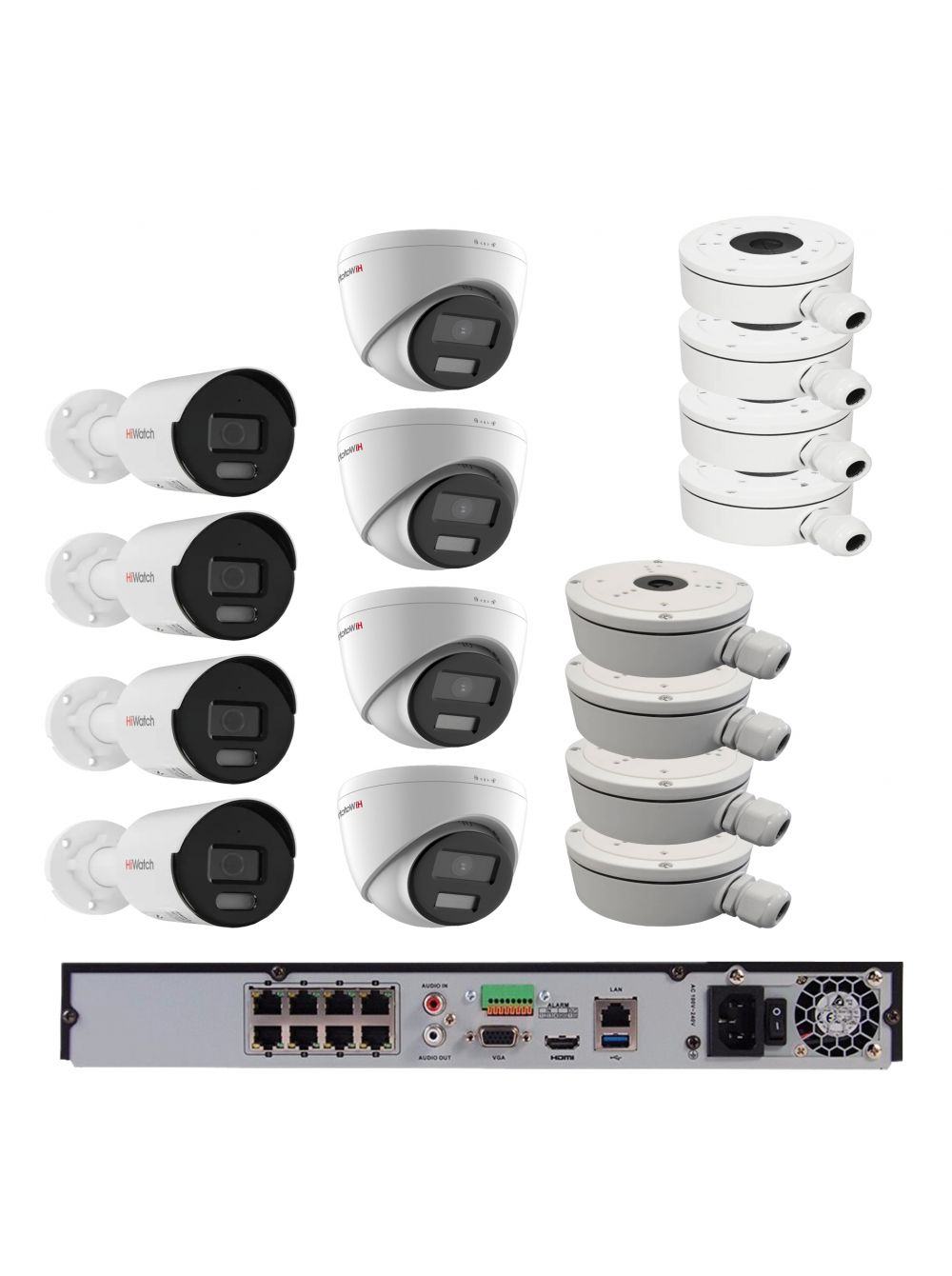 Комплект из 4-х купольных и 4-х цилиндрических IP камер HiWatch (4Mpx/2.8mm/ColorVu) с PoE монтажная коробка hikvision ds 1280zj dm22