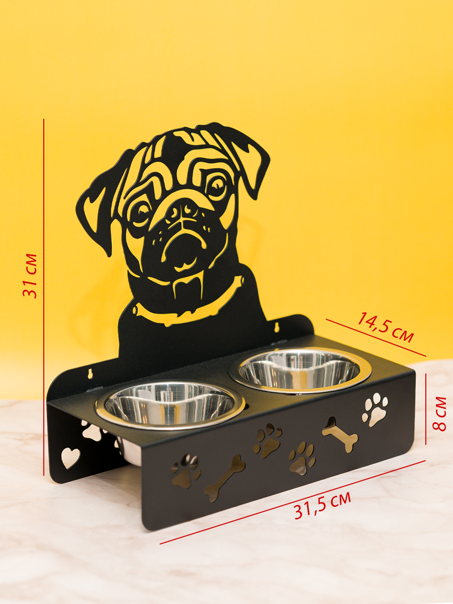 Миска для собак СКП Декор Мопс, двойная на подставке, черный, сталь, 2 шт по 400 мл