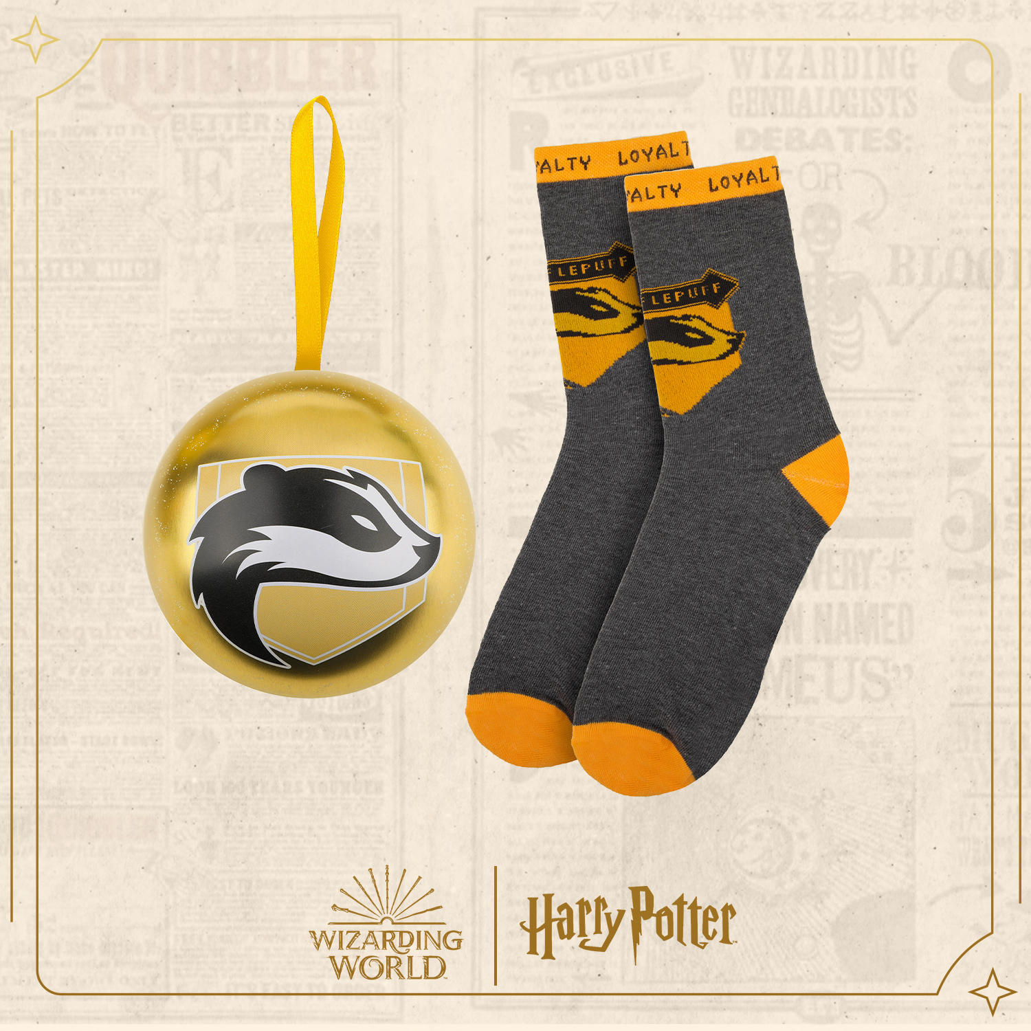 Набор елочных шаров; подарочный набор Cinereplicas Harry Potter: Hufflepuff Пуффендуй: елочный шар с носками желтый,  серый