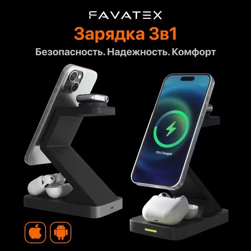 Магнитная беспроводная зарядка 3 в 1 для iPhone, AirPods, Apple Watch 15W iPhone, AirPods и Apple Watch с поддержкой беспроводной зарядки