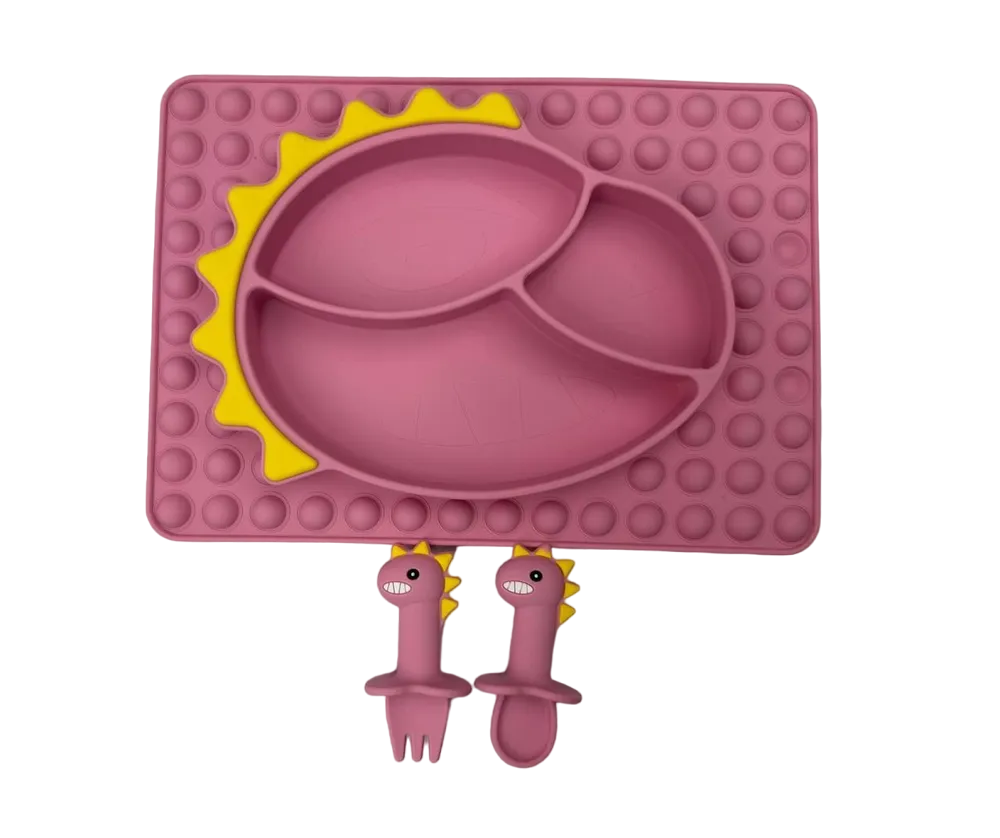 Набор тарелка секционная, две ложки силиконовые детские Homium Animals, розовый динозаврик