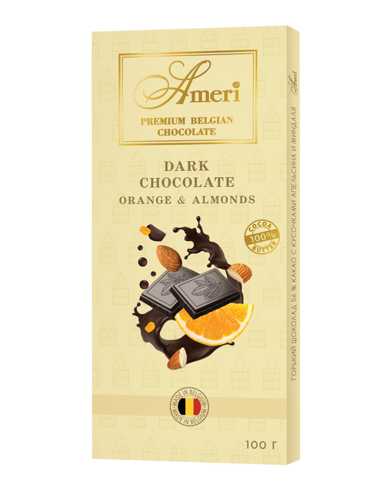 Шоколадная плитка Ameri Горький шоколад 56 % с Апельсином и миндалём, 100 г х 4 шт