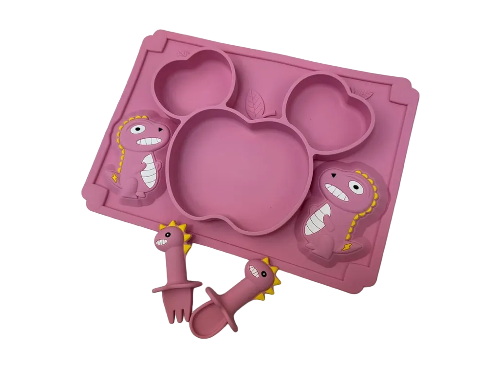 Набор тарелка секционная, две ложки силиконовые детские Homium Animals, розовый дракончик