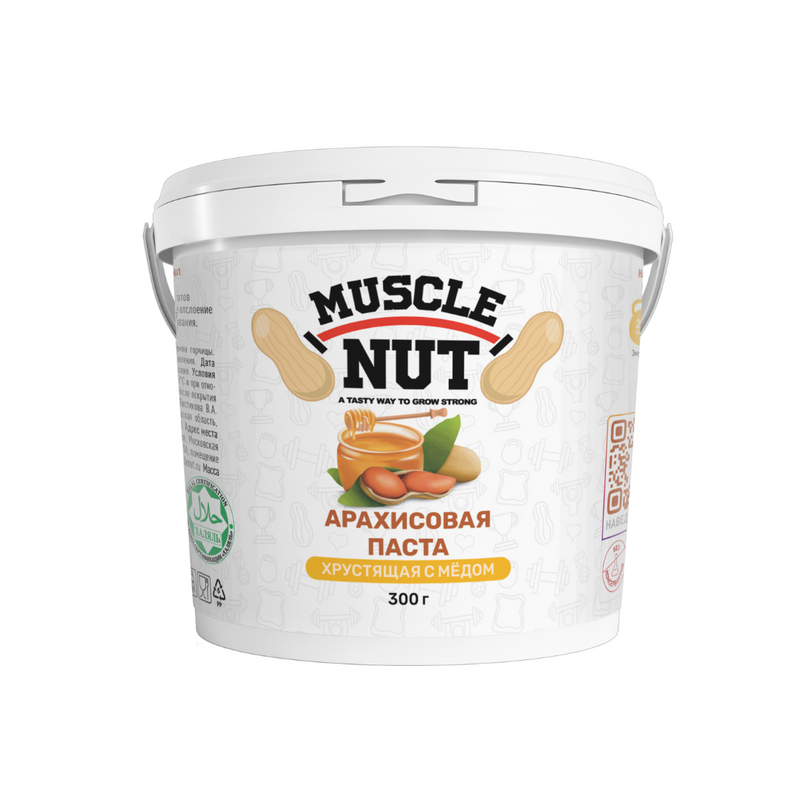 Арахисовая паста Muscle Nut хрустящая с мёдом, без сахара, высокобелковая, 300 г