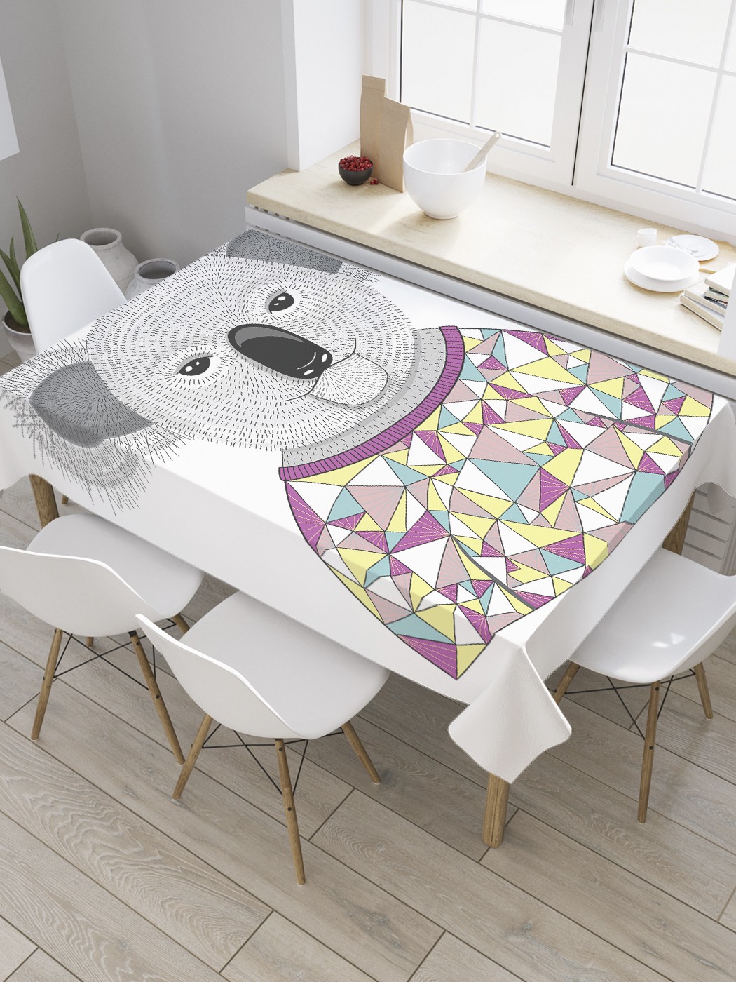 фото Скатерть прямоугольная joyarty на кухонный стол "панда в футболке" из оксфорда, 180x145 см
