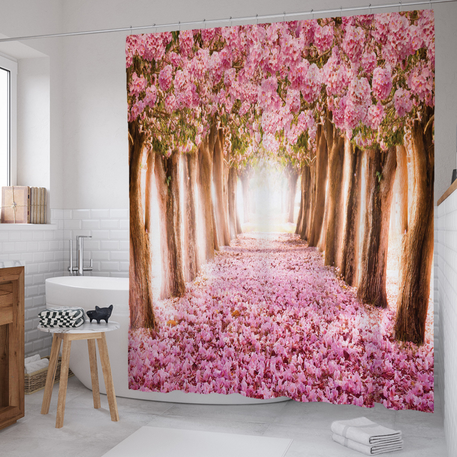 

Штора (занавеска) для ванной JoyArty "Цветущая аллея" из сатена, 180х200 см с крючками, Розовый, Цветущая аллея