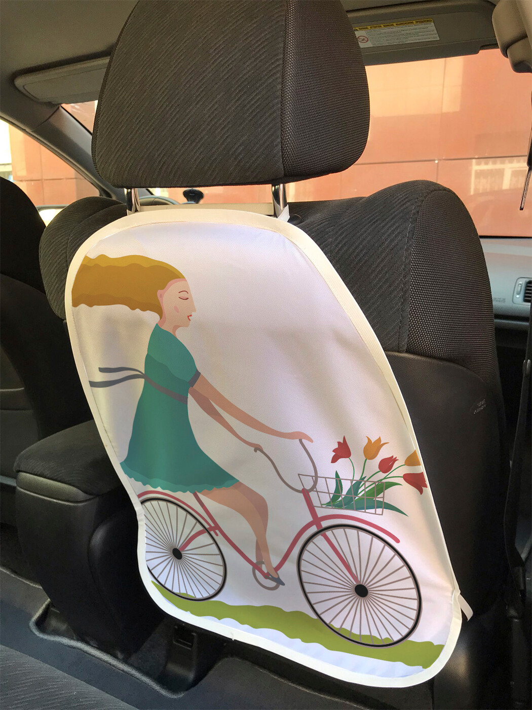 фото Накидка на спинку сиденья joyarty с тюльпанами на велосипеде, 45х62
