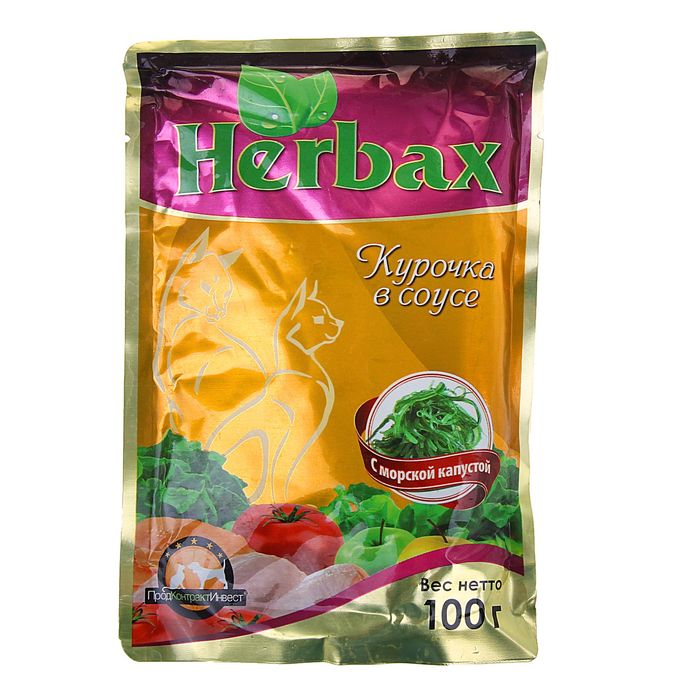 Влажный корм для кошек Herbax, курочка в соусе с морской капустой, 24шт по 100г