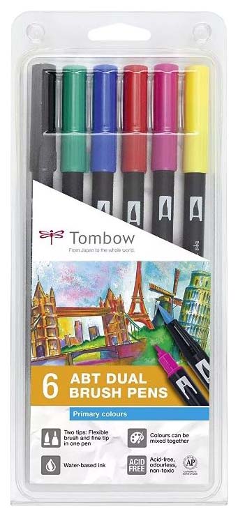 фото Набор брашпенов tombow abt 06 primary colors, основные а, 6 шт