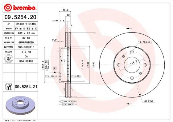 фото Тормозной диск brembo 09.5254.21