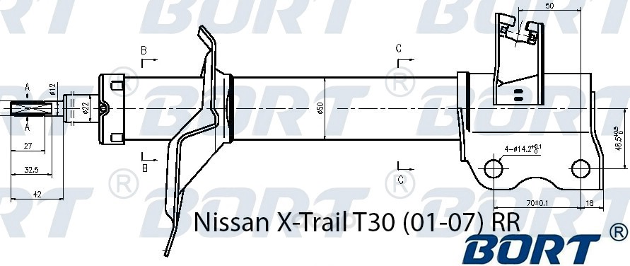 фото Амортизатор подвески задний газовый правый nissan x-trail t30 01-07 rr bort g22250149r