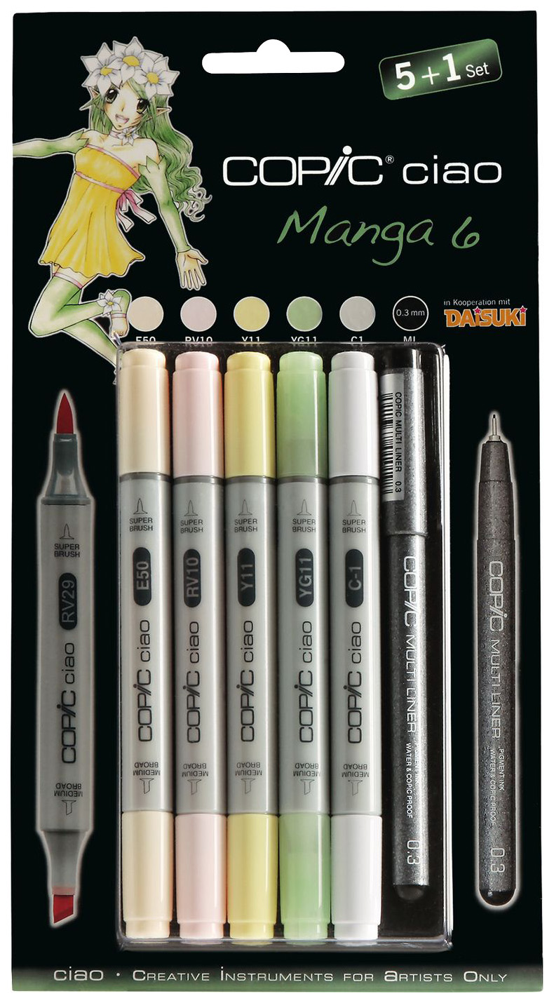 фото Набор двухсторонних маркеров copic ciao manga 6 серый; розовый; зеленый; желтый; черный