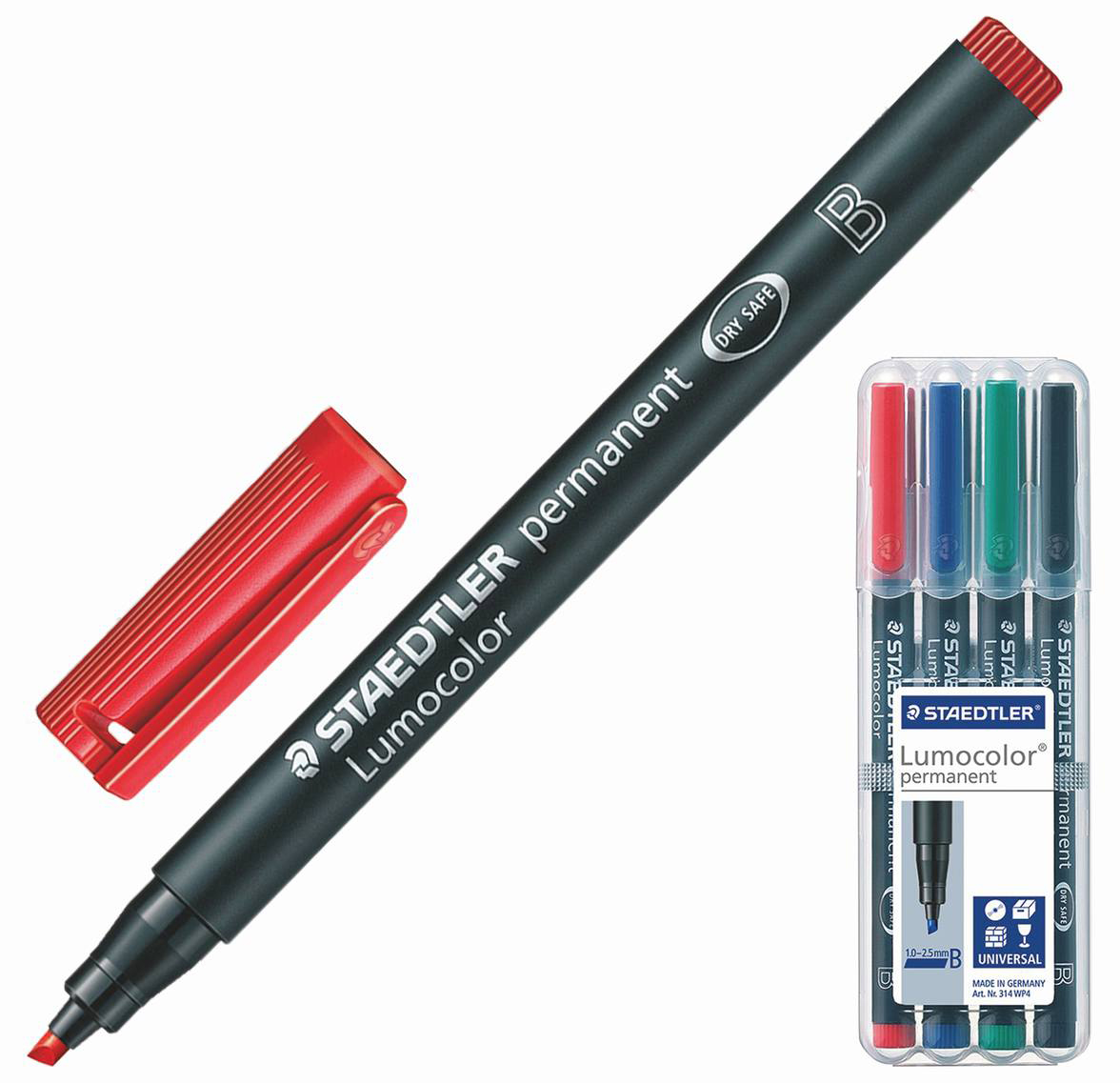 

Маркеры перманентные Staedtler Lumocolor 314 WP4 4 шт., Черный/красный/Синий/Зеленый...