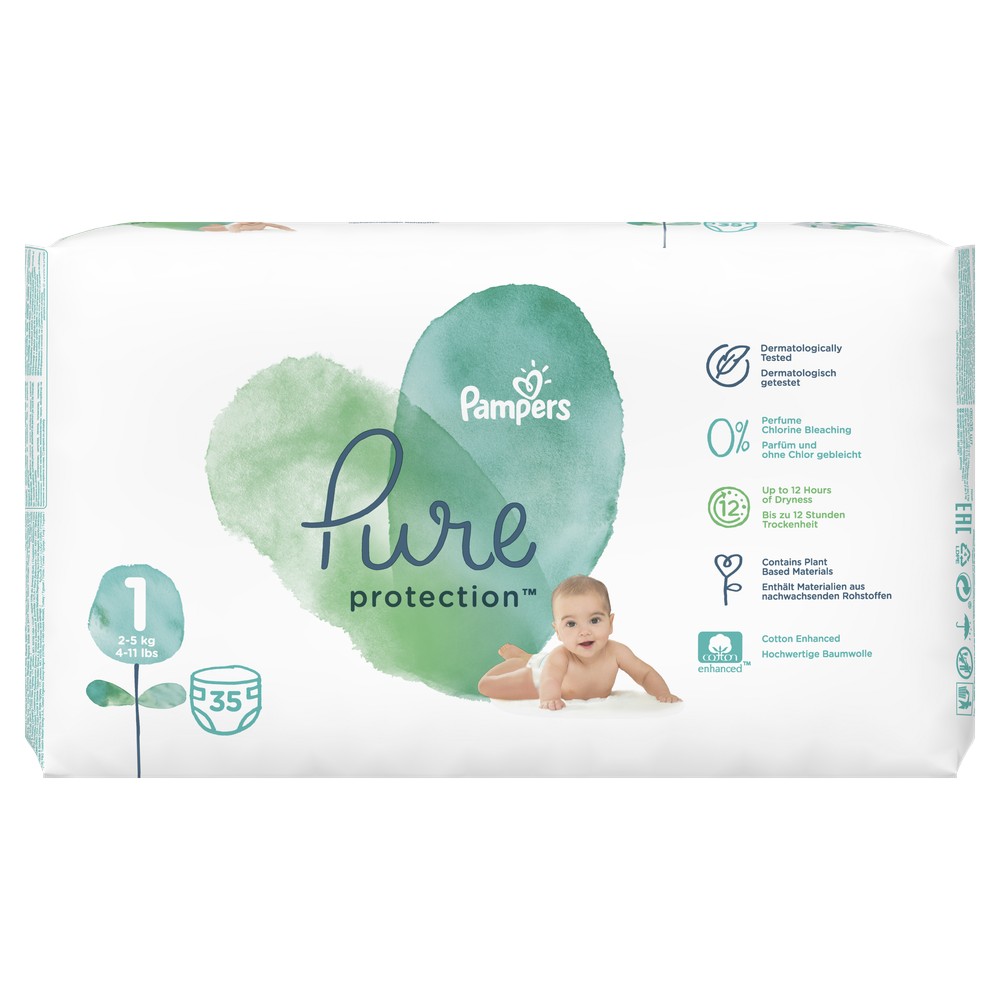 фото Подгузники для новорожденных pampers pure protection 2-5 кг, размер 1, 35 шт.