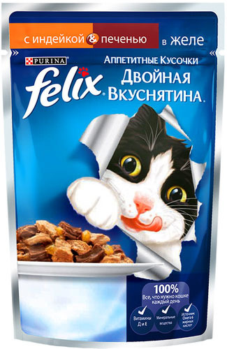 фото Влажный корм для кошек felix двойная вкуснятина, индейка, печень, 85г