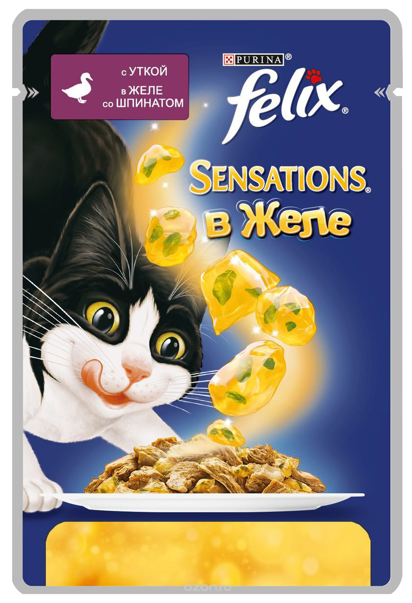 

Влажный корм для кошек Felix Sensation, утка, шпинат, 24шт по 85г, Sensations