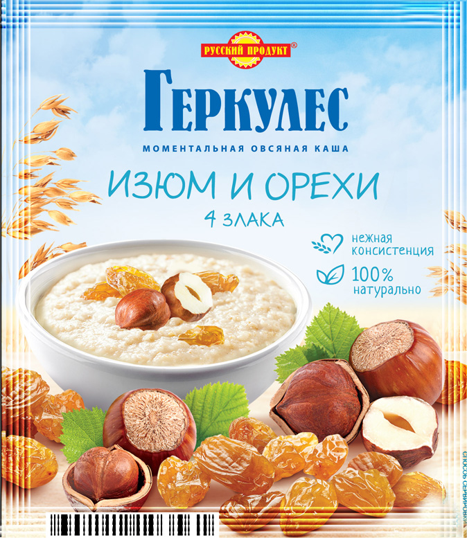 Каша овсяная моментальная Геркулес Русский продукт с изюмом и орехами 4 злака 40 г