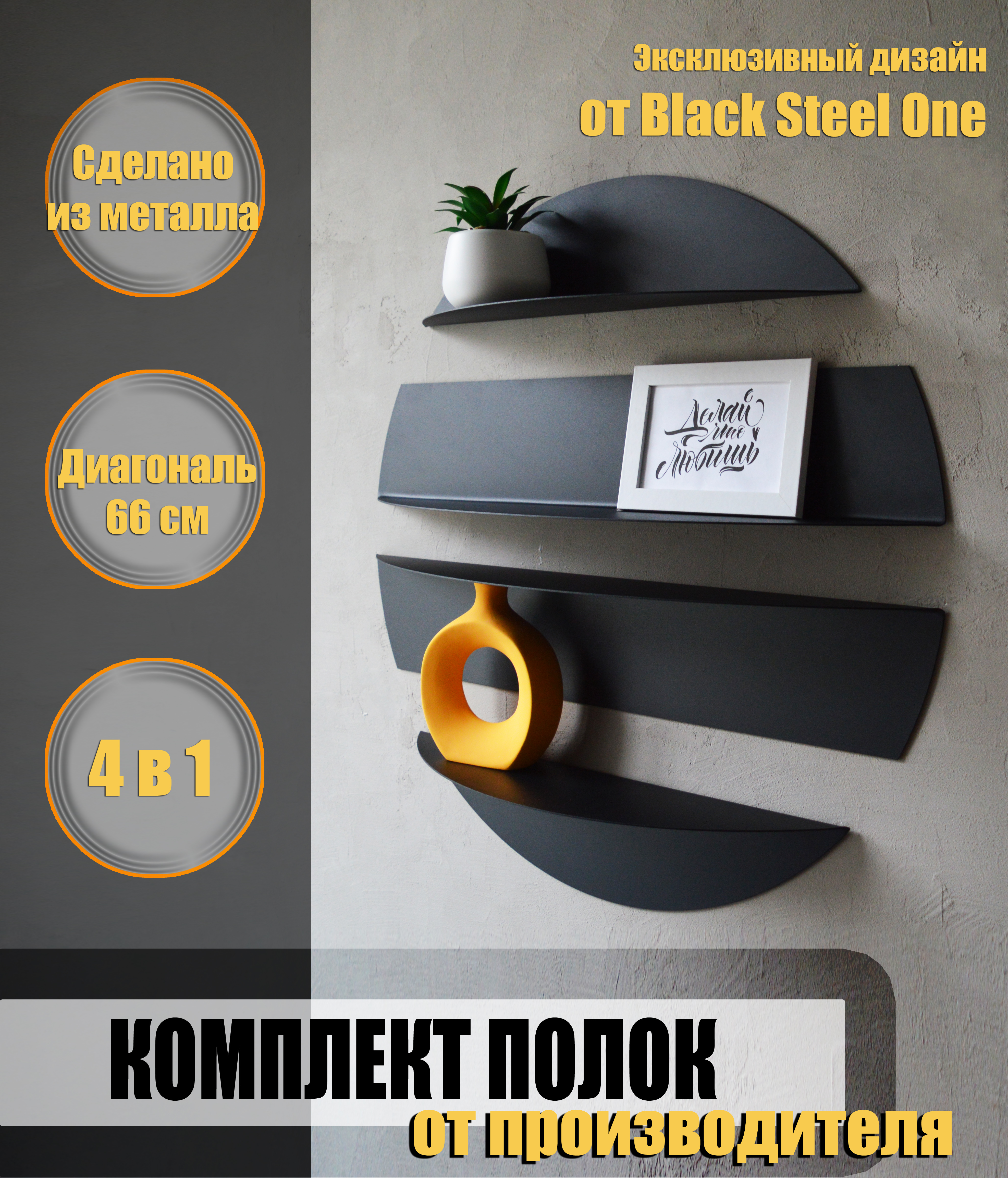 Полка настенная Black Steel One металлическая лофт черная