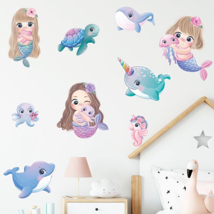 

Наклейка пластик интерьерная цветная "Русалки и подводный мир" набор 2 листа 30х90 см, Разноцветный