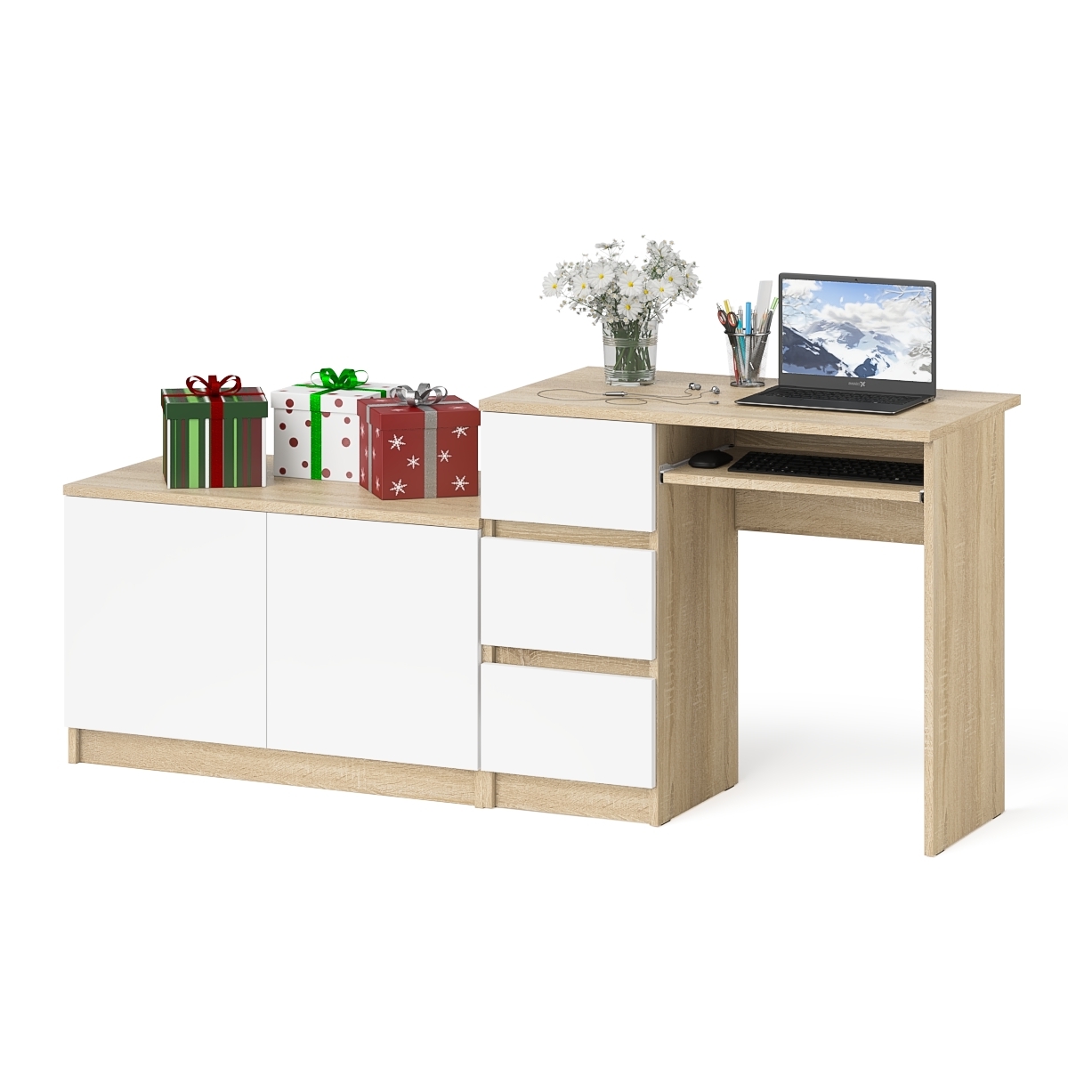 

Компьютерный стол СВК Мори три ящика слева с тумбой 900 Мори дуб сонома/белый, МС-6Л+МА900.1