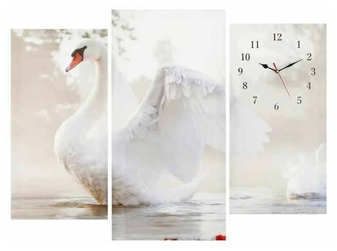 Настенные часы серия: Животный мир, модульные, Белый лебедь на пруду, 60х80 см