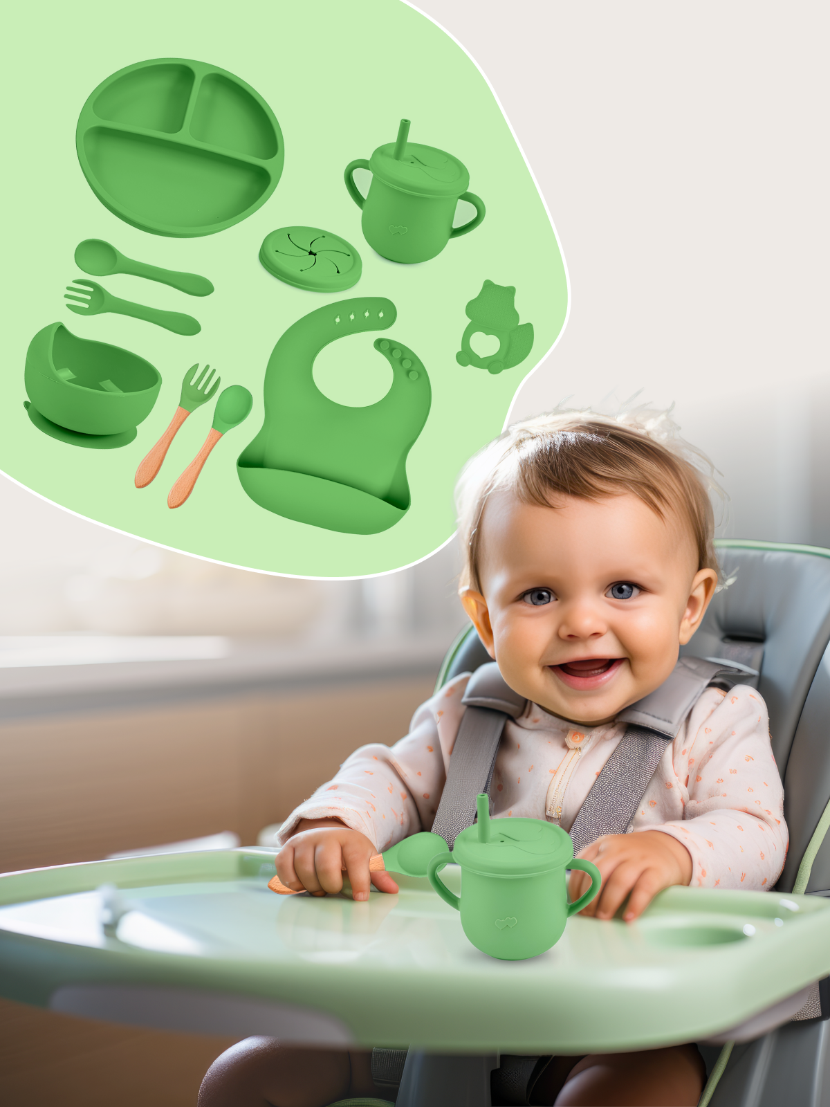 Набор детской посуды для кормления силиконовый Хевель зеленый