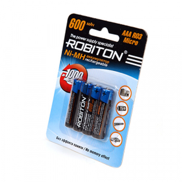 

Аккумулятор ROBITON AAA (LR03) / 1.2 В/ 600 мАч/ NiMH 4 штуки в блистере