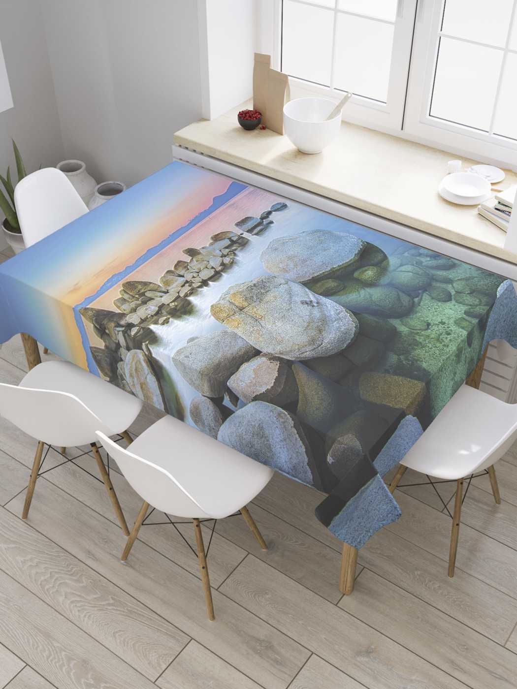 фото Скатерть прямоугольная joyarty "камни в прозрачной воде" из сатена, 120x145 см
