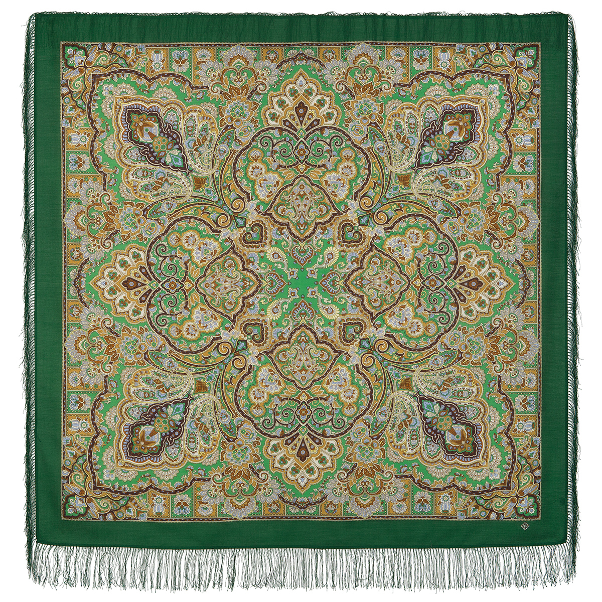Платок женский Павловопосадский платок 1686 темно-зеленый/коричневый, 146х146 см