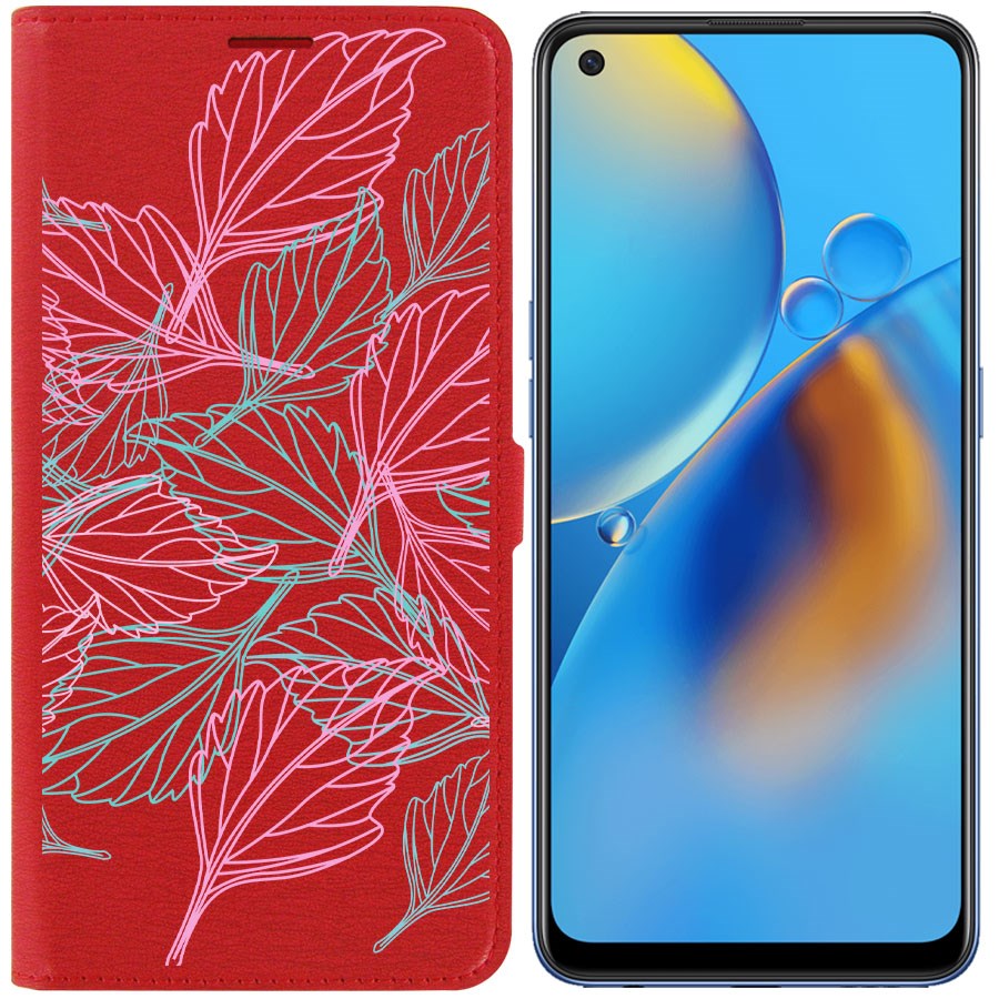 Чехол-книжка / Защитный кейс / Krutoff Eco Book для Oppo A74 Листья паттерн (красный)