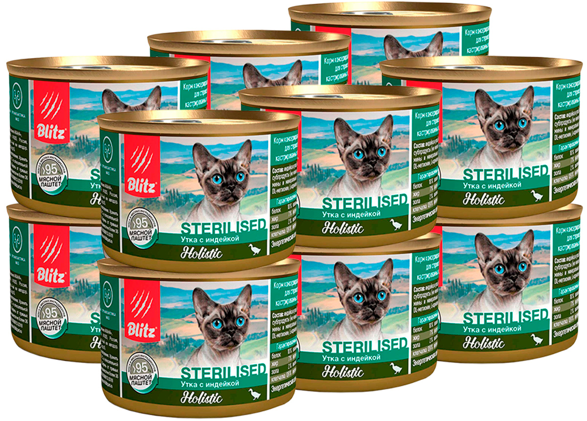 

Консервы для кошек BLITZ HOLISTIC STERILIZED утка индейка 12 шт по 200 г
