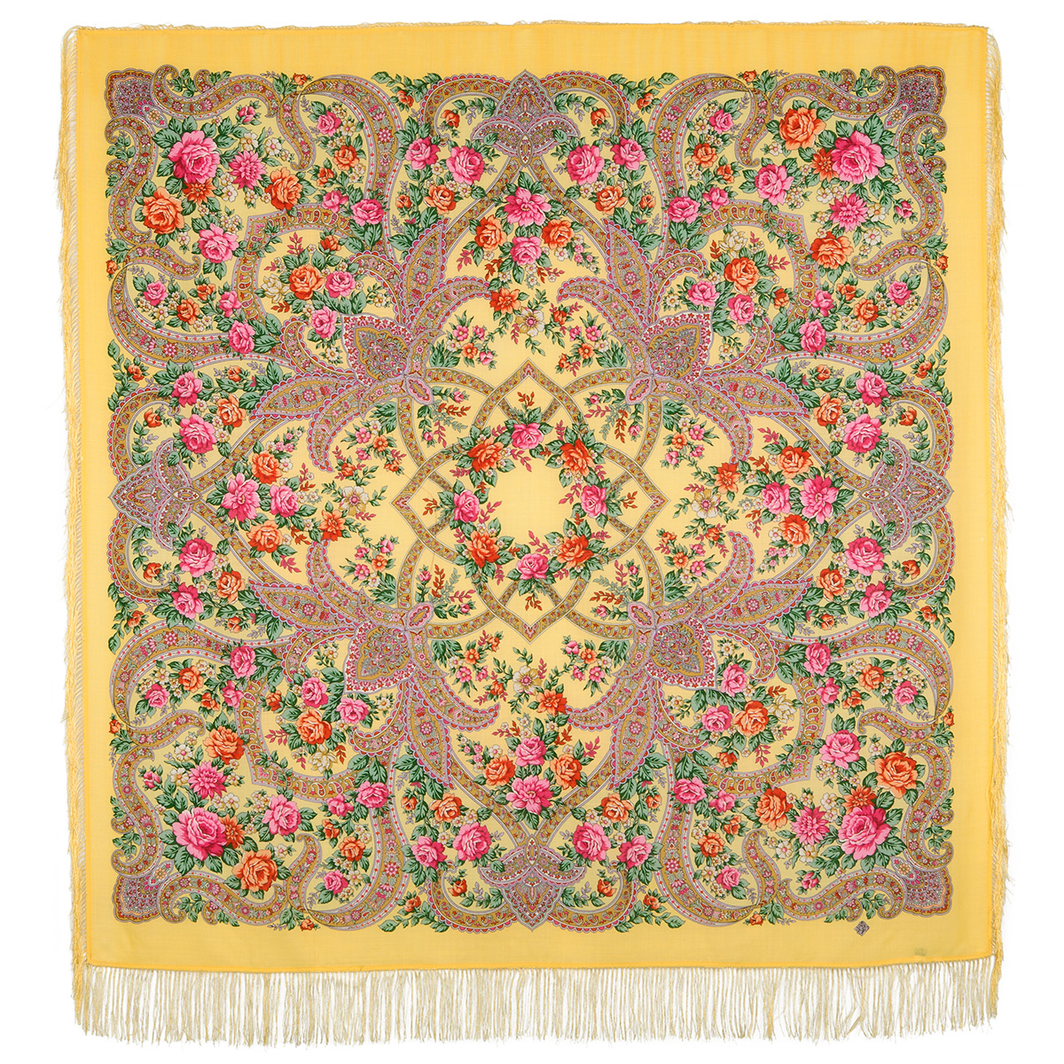 Платок женский Павловопосадский платок 1674 желтый/розовый/красный/зеленый, 146х146 см