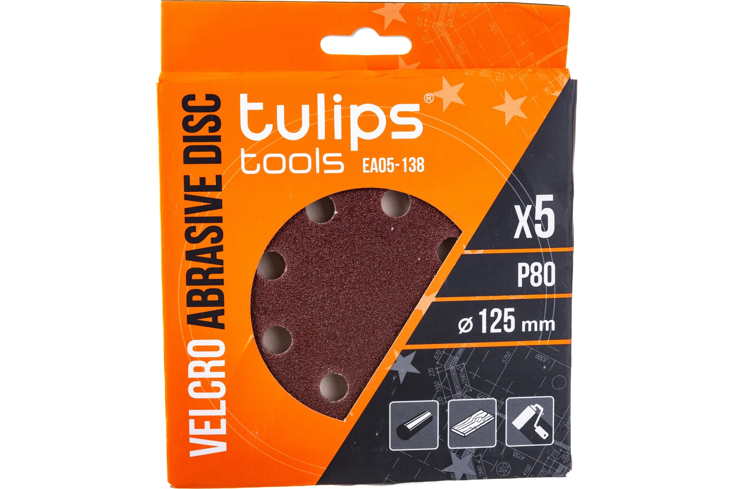 Tulips tools Диск шлифовальный с липучкой , 125 мм, Р80, 5 шт EA05-138 диск шлифовальный с липучкой 20 шт 125 мм p240 tulips tools ea05 204