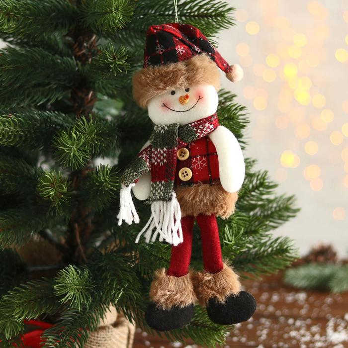 Мягкая игрушка Зимнее волшебство Снеговик в клетку 8х29 см, красно-коричневый