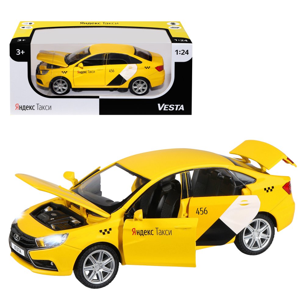 Машинка Автопанорама Яндекс.Такси, LADA VESTA, М1:24, желтый, JB1251345/Яндекс.Такси машинка металлическая тм автопанорама lada granta cross такси 1 24 jb1251204