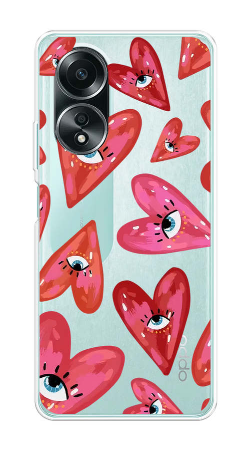 

Чехол на Oppo A58 4G "Сердечки с глазами", Коричневый;красный;розовый, 2514950-1