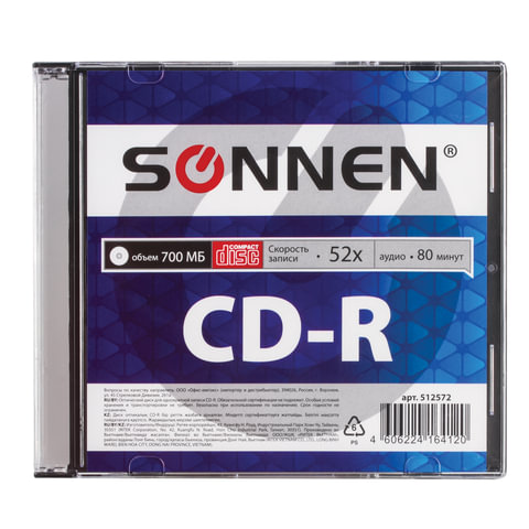 Диск CD-R SONNEN, 700 Mb, 52x, Slim Case, 512572 (арт. 512572)