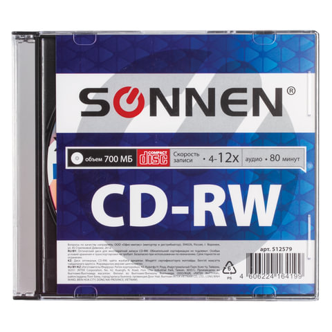 

Диск CD-RW SONNEN, 700 Mb, 4-12x, Slim Case, 512579 арт. 512579