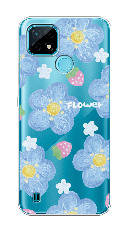 

Чехол на Oppo Realme C21 "Цветы и клубники", Прозрачный;голубой;белый, 254950-1