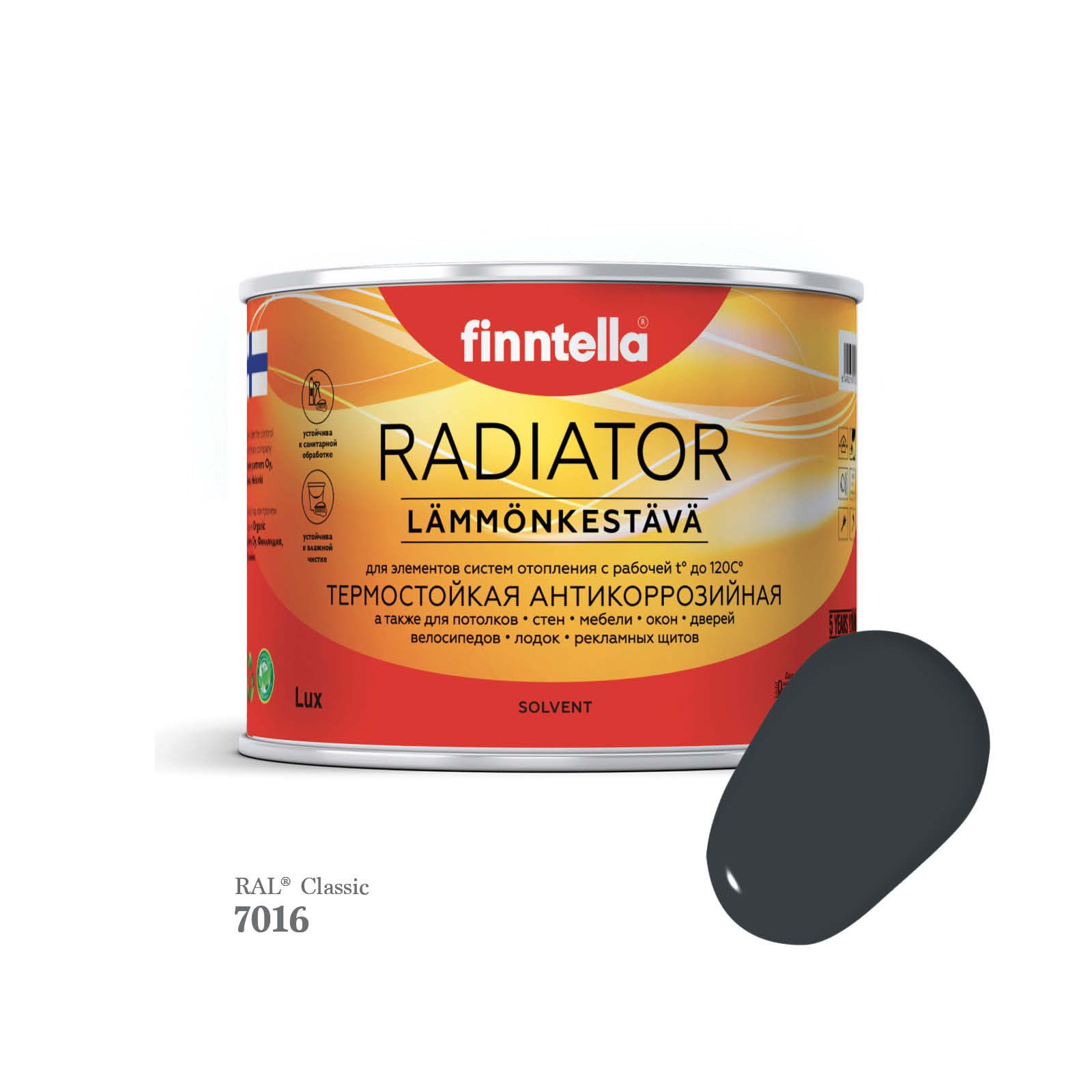 

Краска для радиаторов быстросохнущая финская эмаль FINNTELLA RADIATOR, цвет RAL7016 , 0,45, Серый, RADIATOR RAL