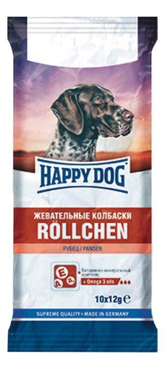 фото Лакомство для собак happy dog, жевательные колбаски с рубцом, 120г