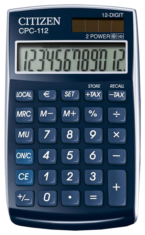 

Калькулятор Citizen CPC-112BLWB, 12 разрядов, двойное питание, 120х72 мм, Синий