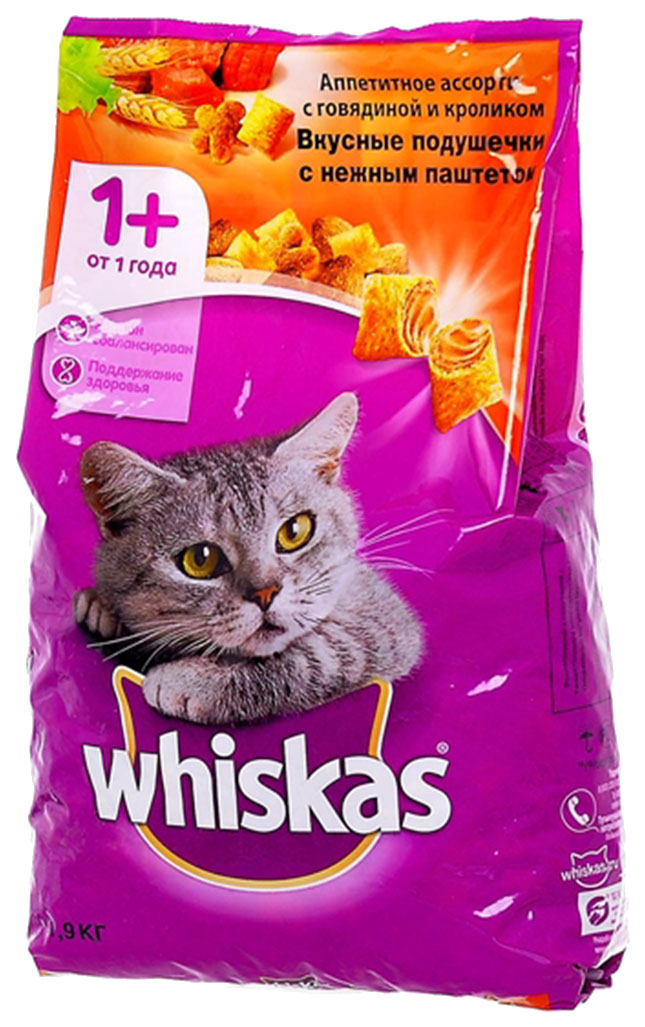 Сухой корм для кошек Whiskas подушечи с паштетом ассорти с говядиной и кроликом 19 кг 599₽