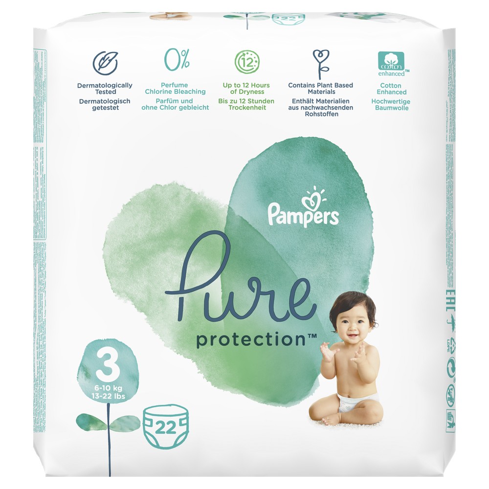 фото Подгузники pampers pure protection 6-10 кг, размер 3, 22 шт.