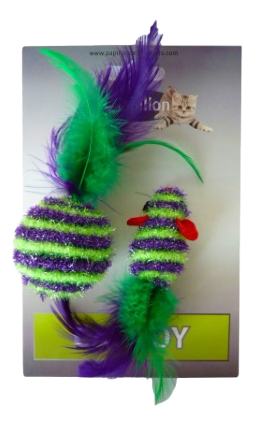 фото Игрушка для кошек papillon мышка и мячик с перьями, зеленый, синий, фиолетовый, 5 см, 2 шт