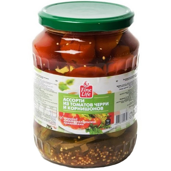 

Ассорти Fine Life томаты черри и корнишоны маринованные 680 г, черри