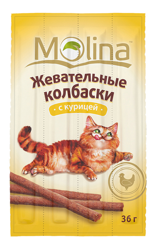 

Лакомство для кошек Molina Жевательные колбаски с курицей, 36г, Жевательные колбаски
