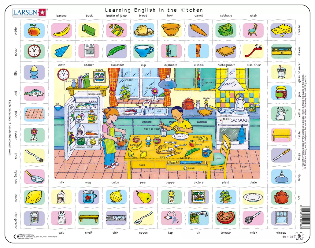 Тема кухня на английском. Пазл Larsen «изучаем английский 1», 70 Эл.. Пазл мебель английский для детей. Предметы на английском для детей. Пазл в рамке изучаем английский.